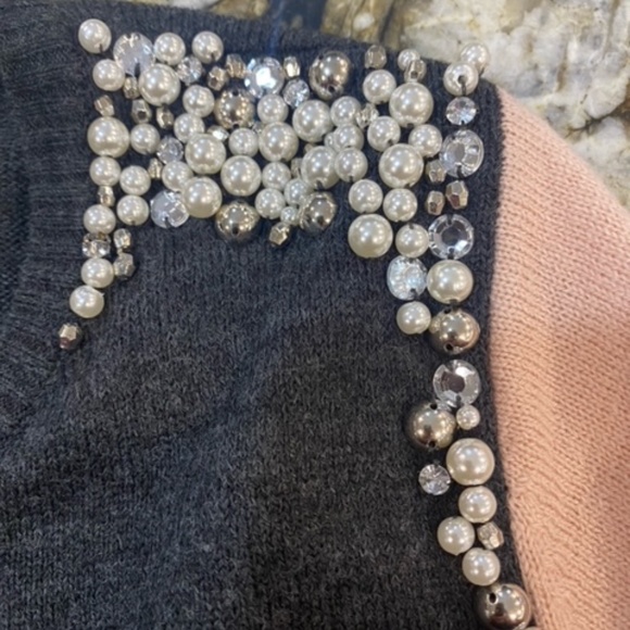 Grey and Pink Sweater Dress with Pearls and Rhinestone Accents - Picture 4 of 16